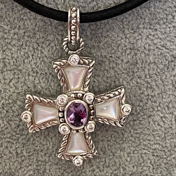 Judith Ripka Jewelry - Judith Ripka Silver Amethyst Diamond Pearl Cross Pendant Medallion Cord Necklace